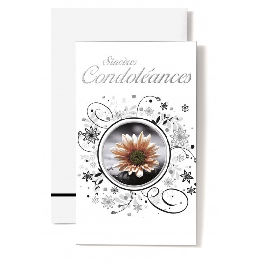 Carte Double Condol&eacute;ances Gerbera orange dans un rond et d&eacute;corations