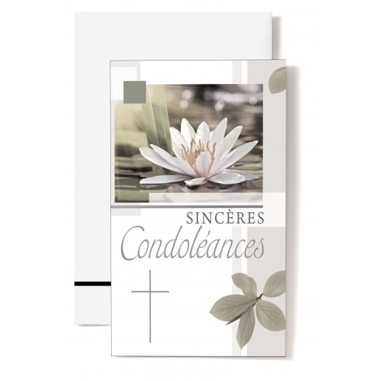 Carte Double Condol&eacute;ances N&eacute;nuphar blanc sur l'eau, croix et feuilles