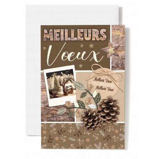 CARTE DOUBLE Meilleurs Vœux "Cerf et sapin ds photo, pomme de pins"