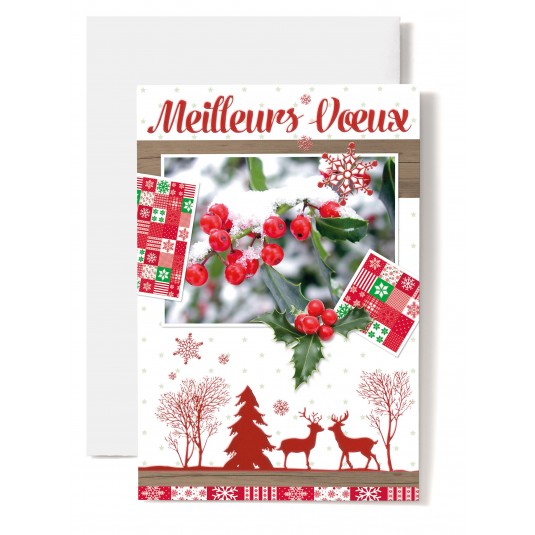 CARTE DOUBLE  Meilleurs V&oelig;ux "Houx, cerfs"