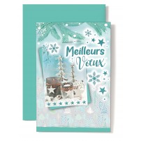 Carte double Meilleurs V&oelig;ux Bougeoirs, boule, sapins, &eacute;toiles, fond vert