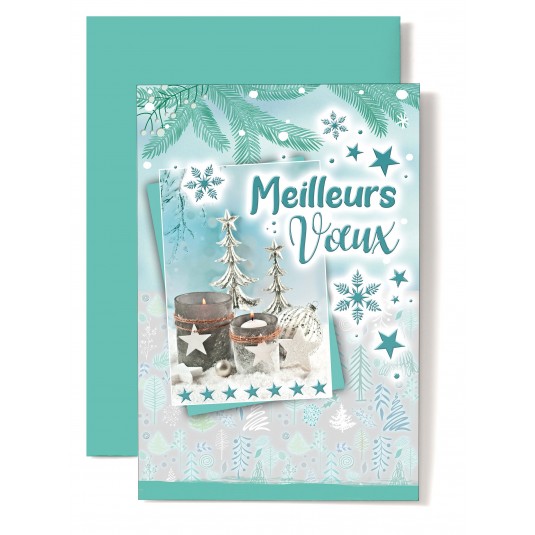 CARTE DOUBLE  Meilleurs V&oelig;ux "Bougeoirs, boule, sapins, &eacute;toiles" sur fond vert