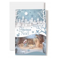 Carte double Heureux No&euml;l Cr&egrave;che sur fond de village