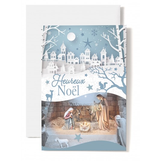 CARTE DOUBLE  Heureux No&euml;l "Cr&egrave;che sur fond de village"