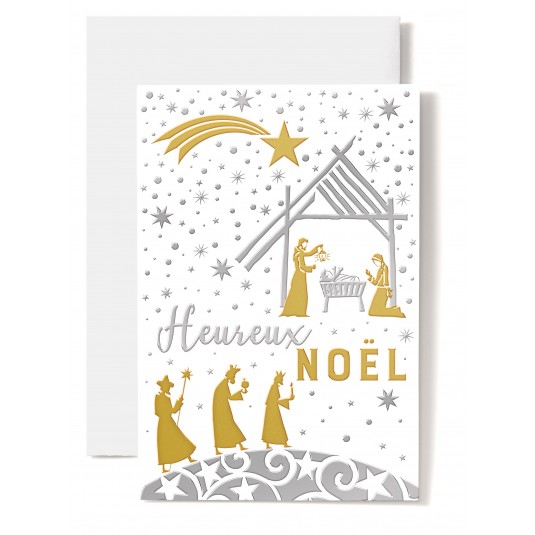 CARTE DOUBLE  Heureux No&euml;l "Cr&egrave;che, mages"
